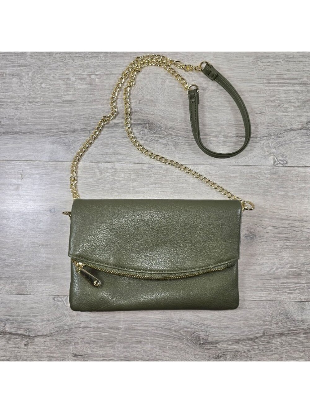 Womens Olive Green Foldover Clutch Crossbody Purse with Gold Chain Strap Neutral